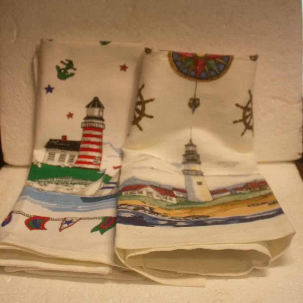 Two Nautical Themed Kitchen Towels Featuring Lighthouses